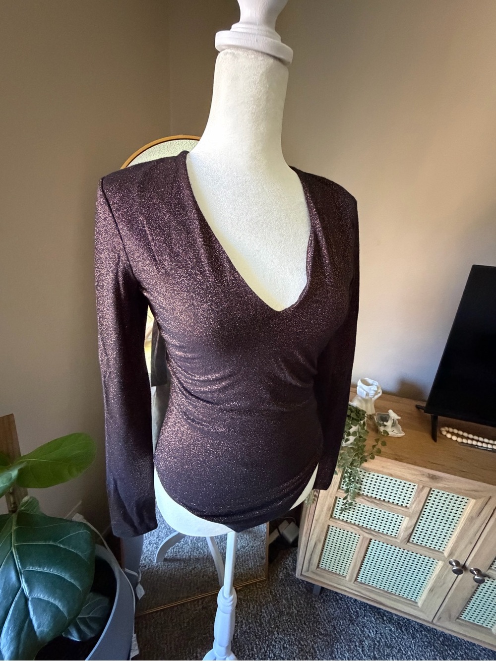Abercrombie Shimmery Deep Plum V-Neck Long Sleeve Top